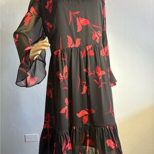 Calvin Klein Elegant Black and Red Floral Dress Size Medium